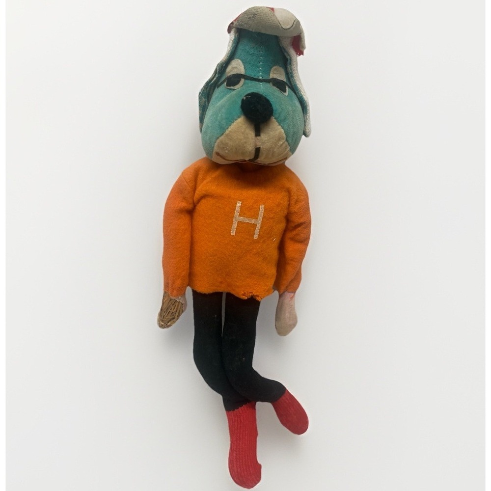Vintage 1960s Holiday Fair Hedaya Plush Dog Toy Japan Orange Varsity Sweater